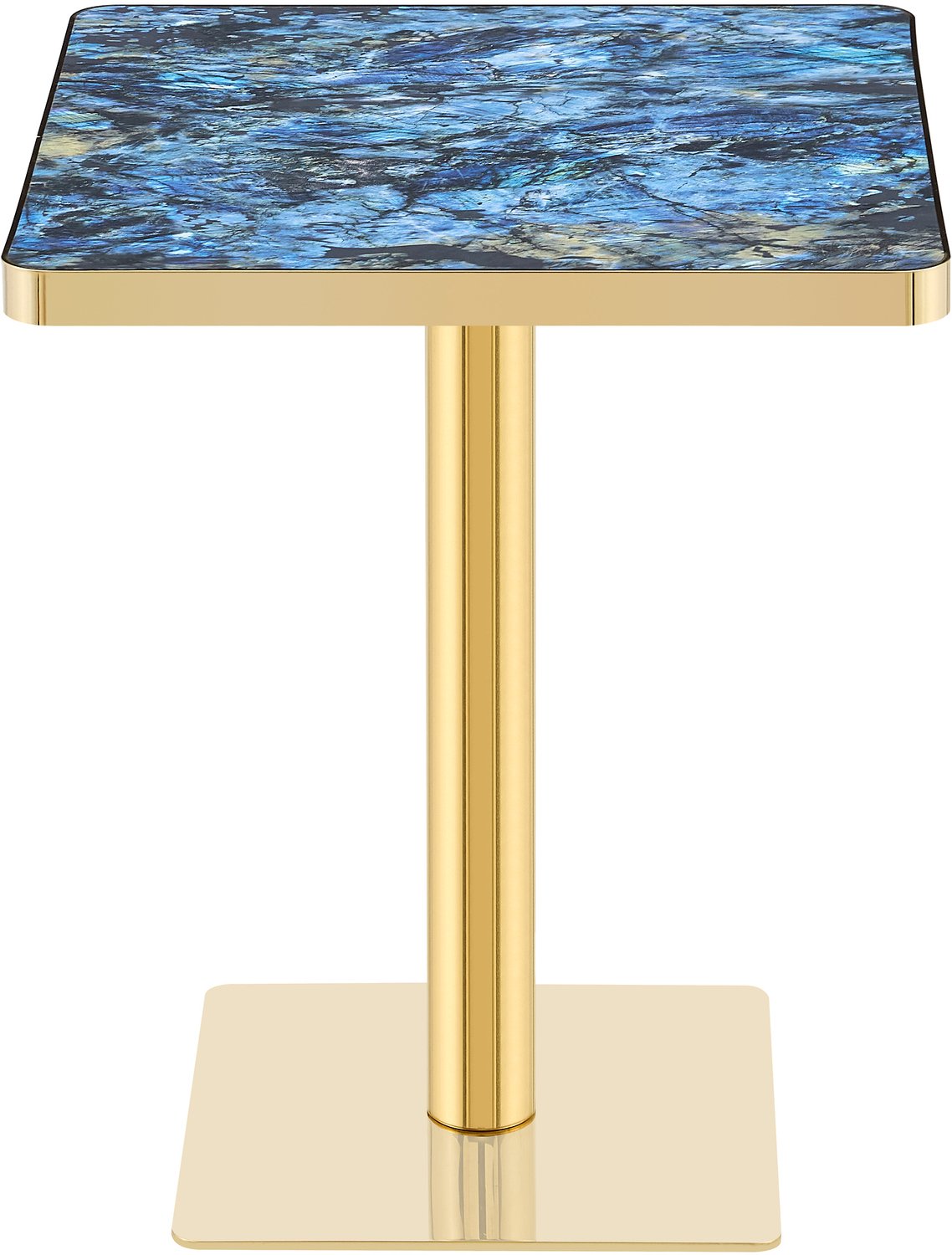 MUVANO Vierkante eettafel 60x60 cm - Bistrotafel met marmerlook - MDF en metalen onderstel - Gouden rand - Voor kleine eetkamers en cafés - Blauw
