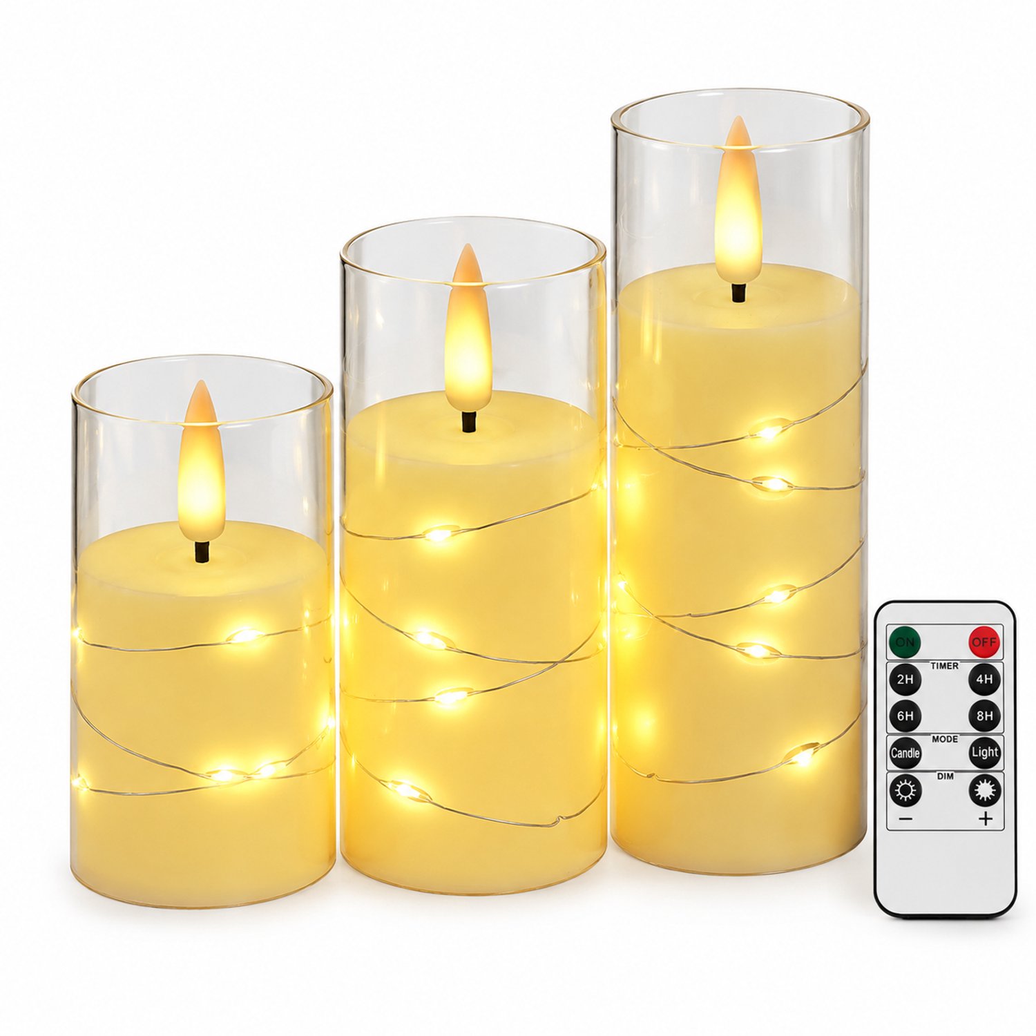 SWGOTA led kaarsen, set van 3 met lichtsnoer en afstandsbediening, verschillende hoogtes en transparante cilindervormige kappen voor feestdecoratie Wit