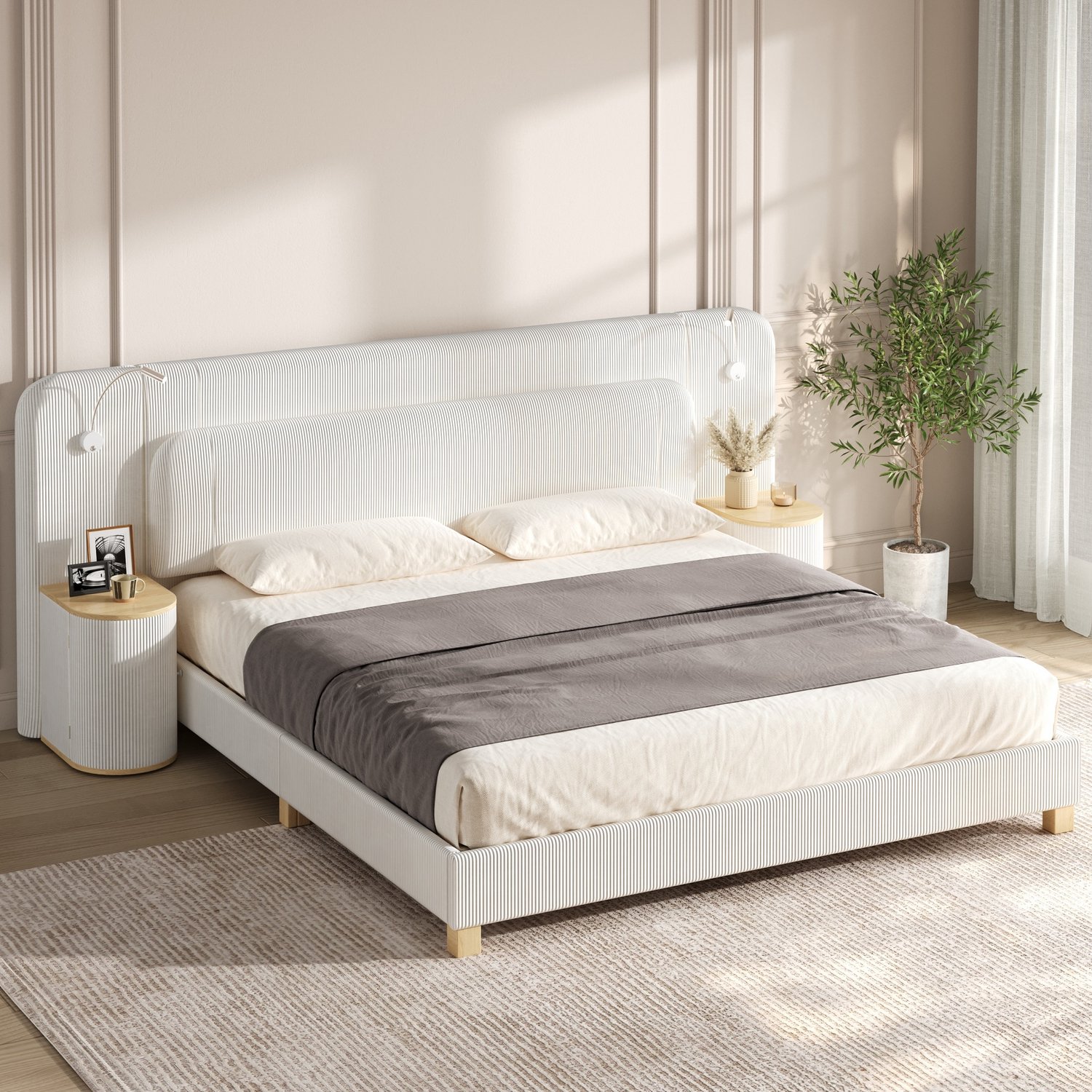 STILVORA Gestoffeerd Bed 140x200 cm – Zacht Cord – Ledlampen – Twee Nachtkastjes – Voor de Slaapkamer – Stof en MDF – Zonder Matras – Beige