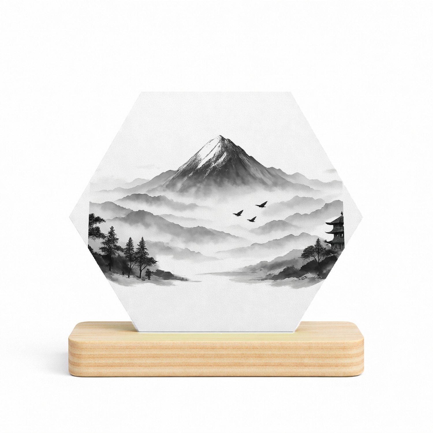Mr Cadeautjes MDF fotolijst/inleg hexagon 14 x 13 - design Rustgevende bosmist met een enkele monumentale boom en zacht | cadeau Wit