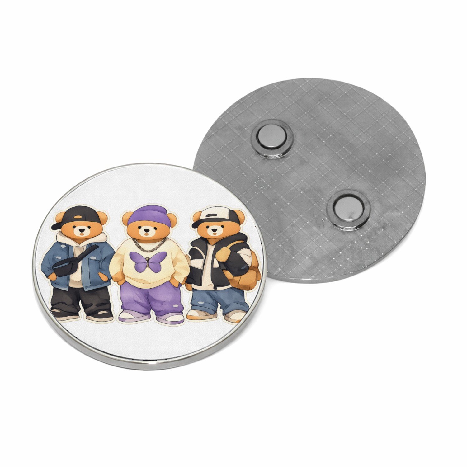 Koelkastmagneet Een trio van konijnen als hippe stadsfiguren met jassen, pet - rond, Ø 7 cm - magneten, foto | cadeau