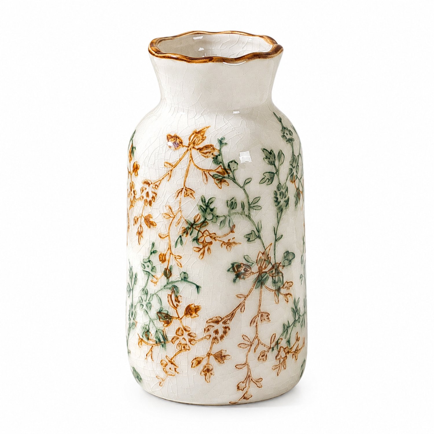SWGOTA Keramische vaas met craquelé, 12,8 cm hoog, groen-bruin takkenmotief en golvende rand, voor kunstbloemen Wit