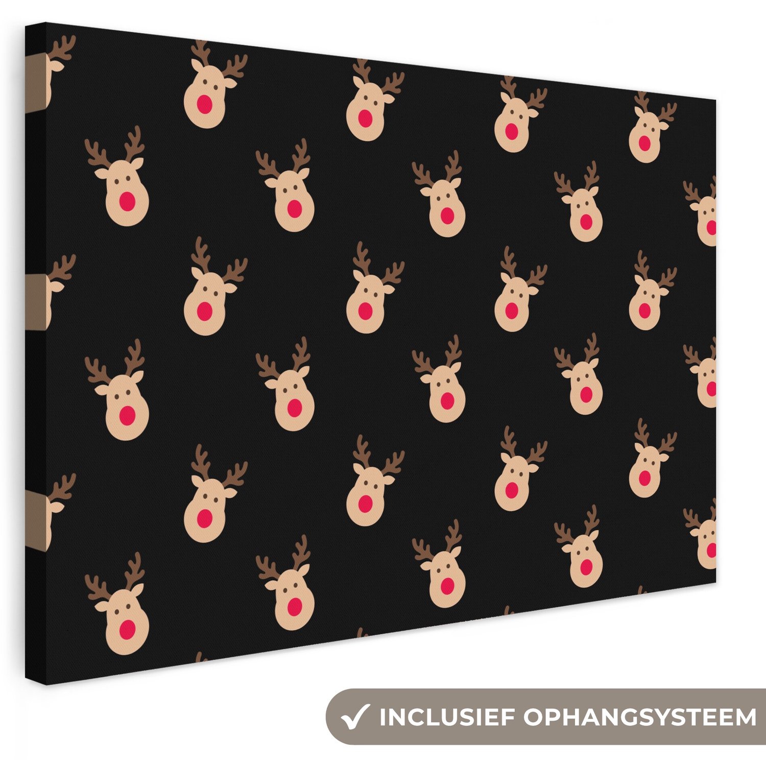 Canvas schilderij 90x60 cm - Exclusieve wanddecoratie Rendieren - Kerst - Zwart - Muurdecoratie woonkamer - Slaapkamer decoratie - Kamer accessoires - Schilderijen op canvas - Kerstdecoratie voor binnen - Kerstversiering - Kerstmis versiering
