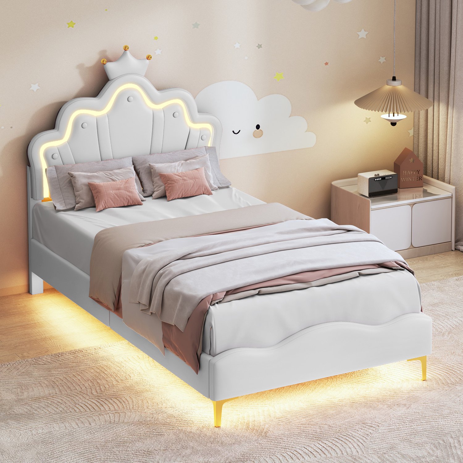 Mofor Gestoffeerd Kinderbed 90x200 cm met LED-verlichting en Kroonhoofdbord - Lattenbodem - Kunstleer - Wit
