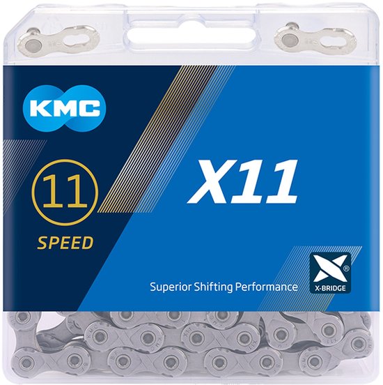 KMC X11 11-speed fietsketting in een doorzichtige verpakking met blauwe merkbranding en X-Bridge technologie.