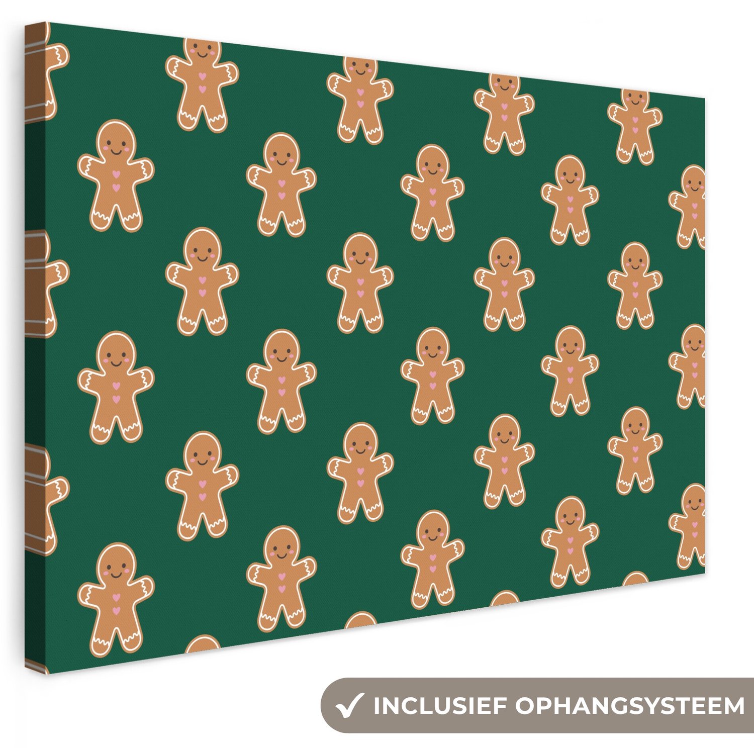 Canvas schilderij 60x40 cm - Exclusieve wanddecoratie Peperkoek - Kerst - Groen - Muurdecoratie woonkamer - Slaapkamer decoratie - Kamer accessoires - Schilderijen op canvas - Kerstdecoratie voor binnen - Kerstversiering - Kerstmis versiering