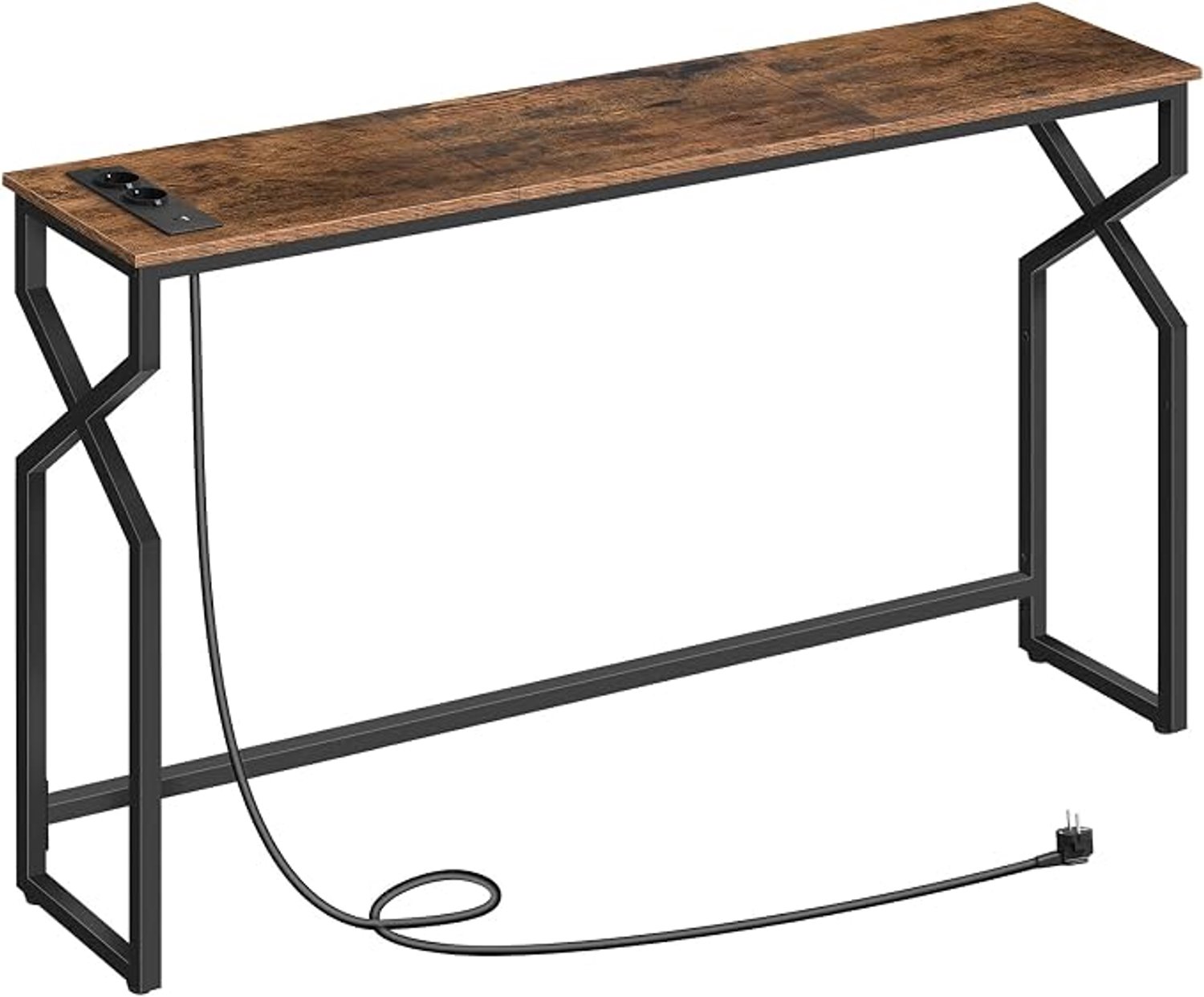 Homesy Consoletafel, 115 cm lange Bijzettafel, met Stekkerdoos en USB-poorten, smalle Haltafel, Salontafel, voor Hal, Gang, Woonkamer, Rustiek Bruin Rustiek bruin, Zwart