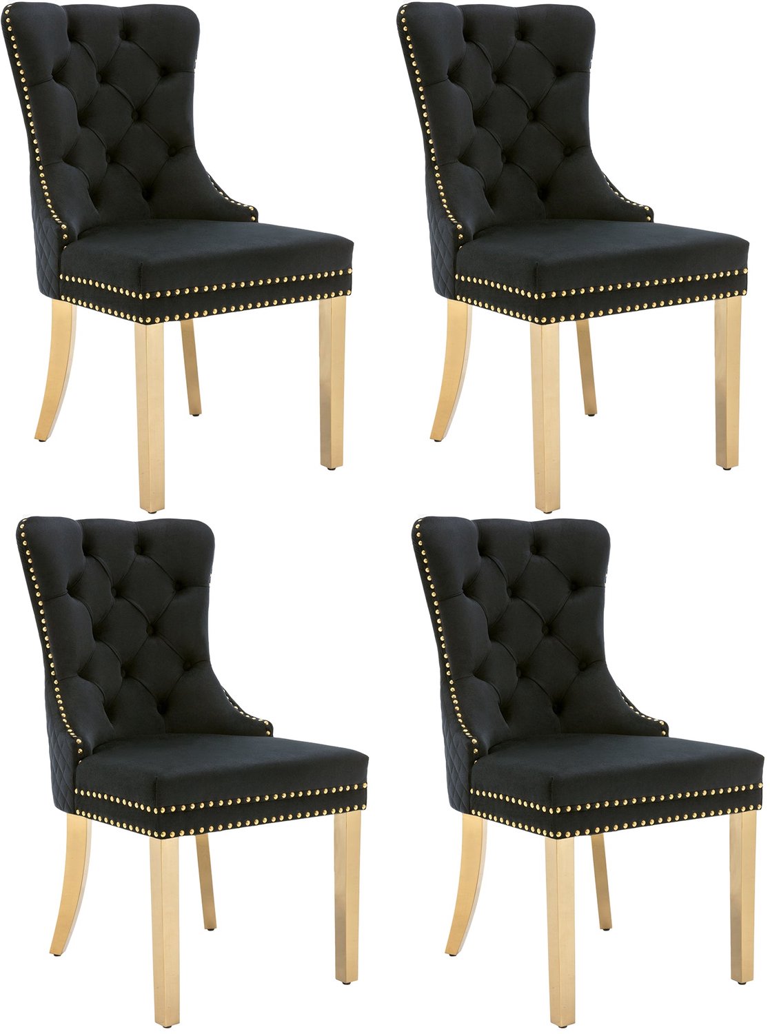 Merax Eetkamerstoelen Set van 4 – Velvet Zwart met Gouden Poten – Luxe Fluwelen Stoelen met Handgreep en Nagelkopdetails – 150 kg Draagvermogen