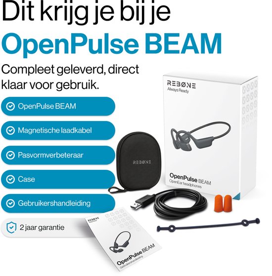 REBØNE® Beam Open Ear Oortjes - Sport Oortjes Draadloos - Open Ear Koptelefoon - Hardloop Oortjes met Nekband - Bluetooth 5.4 - IPX5 - Zwart