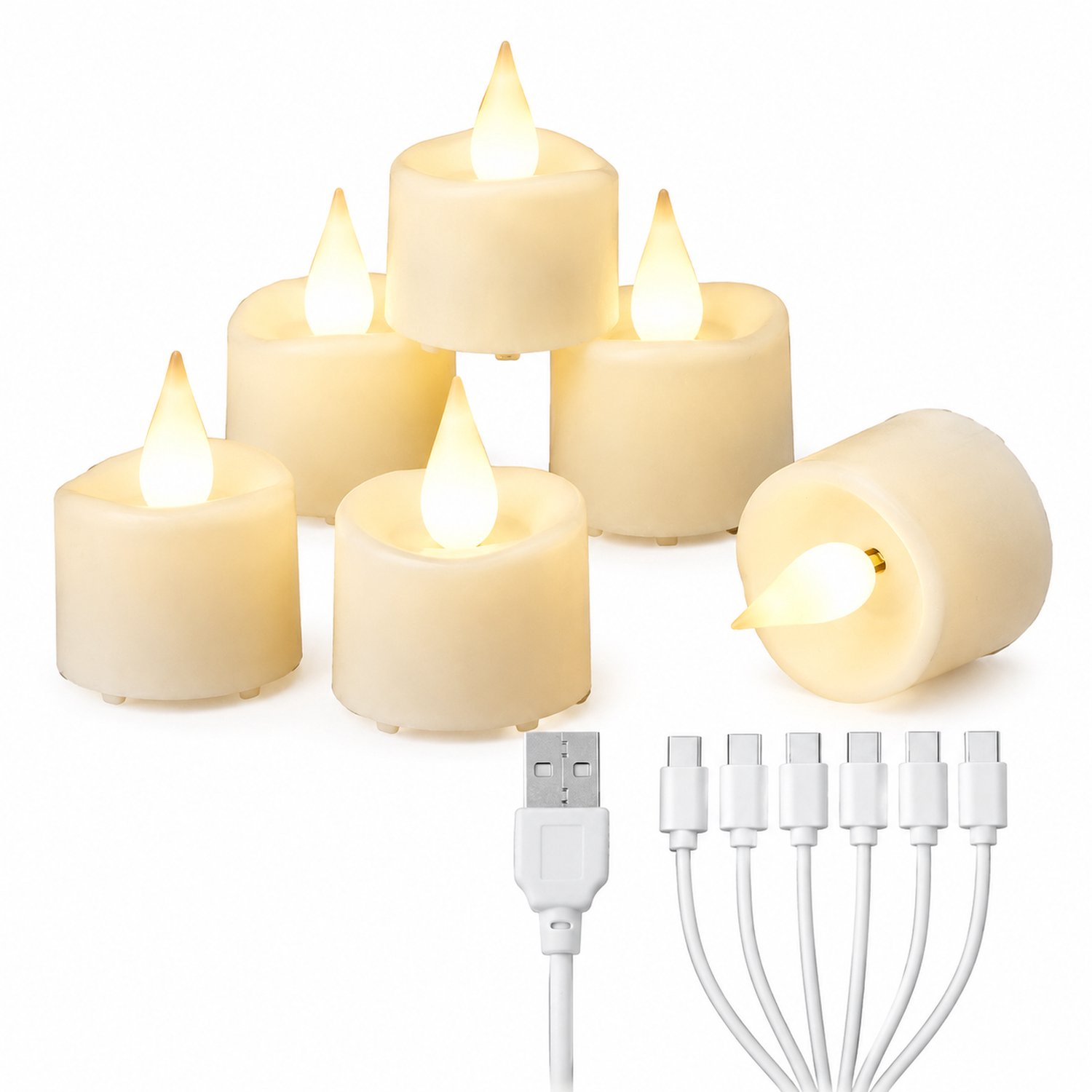 SWGOTA led kaarsen, set van 6 - USB-oplaadbare theelichtjes met druppelvormige vlam en golvende rand, inclusief 1 kabel met 6 aansluitingen Wit