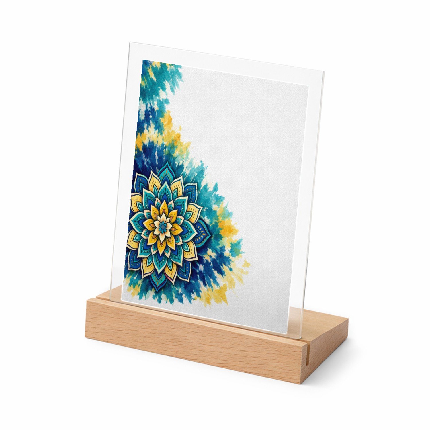 Mr Cadeautjes Glasframe met vaste tekst - design Een grote, centrale zonnebloemmandala op een zachte aquarelw | cadeau Wit
