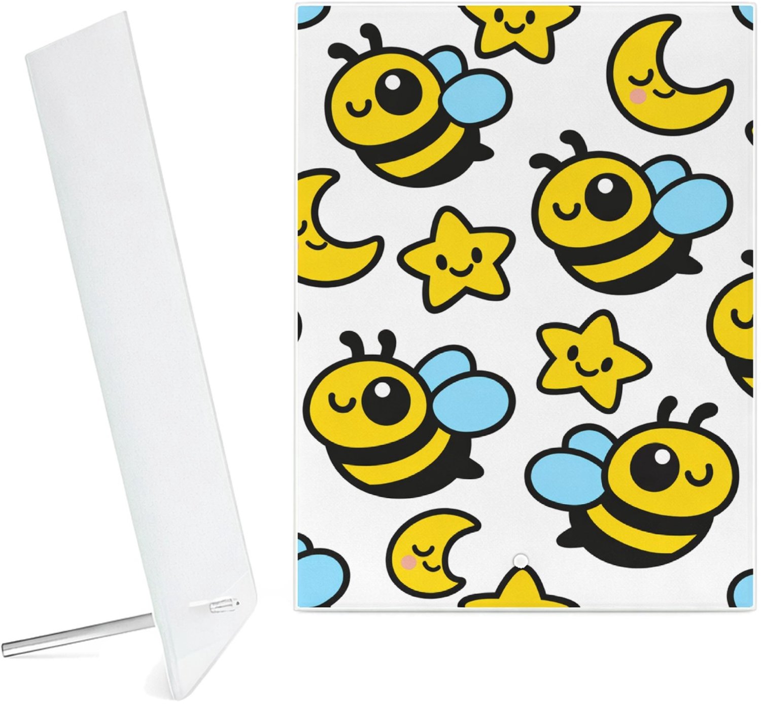 Mr Cadeautjes Glazen fotopaneel Een herhaalpatroon met blije kleine sterren en maantjes die - 15 x 20 cm, staand - glas, decoratie, wanddecoratie | cadeau Wit