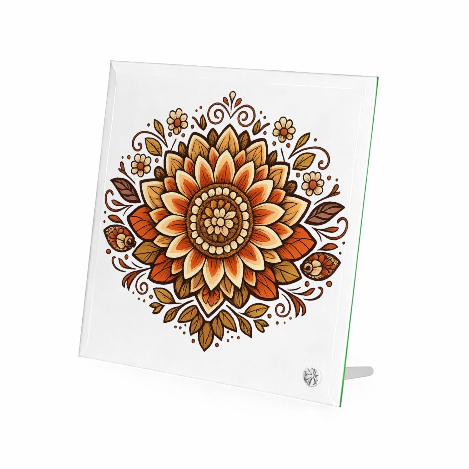 Mr Cadeautjes Glasframe 20 x 20 - design Een rustige, symmetrische zonnebloemmandala met zachte boogl | cadeau Wit