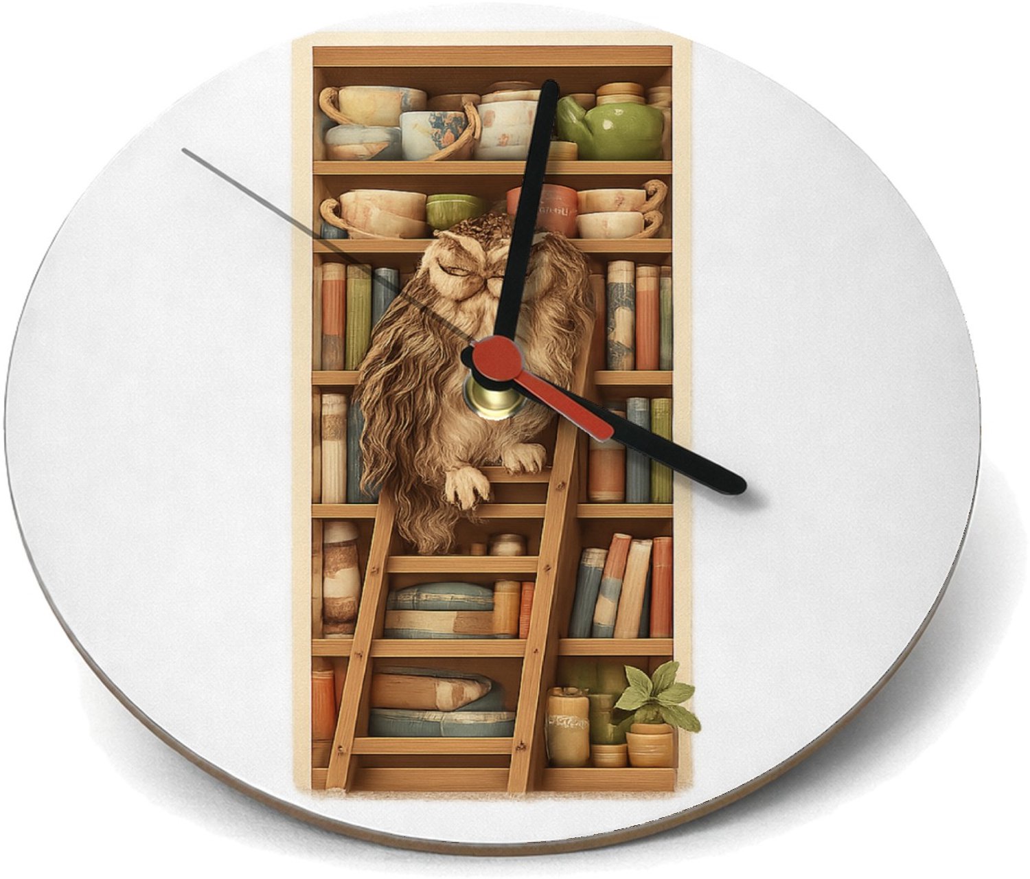 Mr Cadeautjes Klok rond Ø 19 - design Een slaperige uil op een ladder naast een hoge plank met the | cadeau Wit