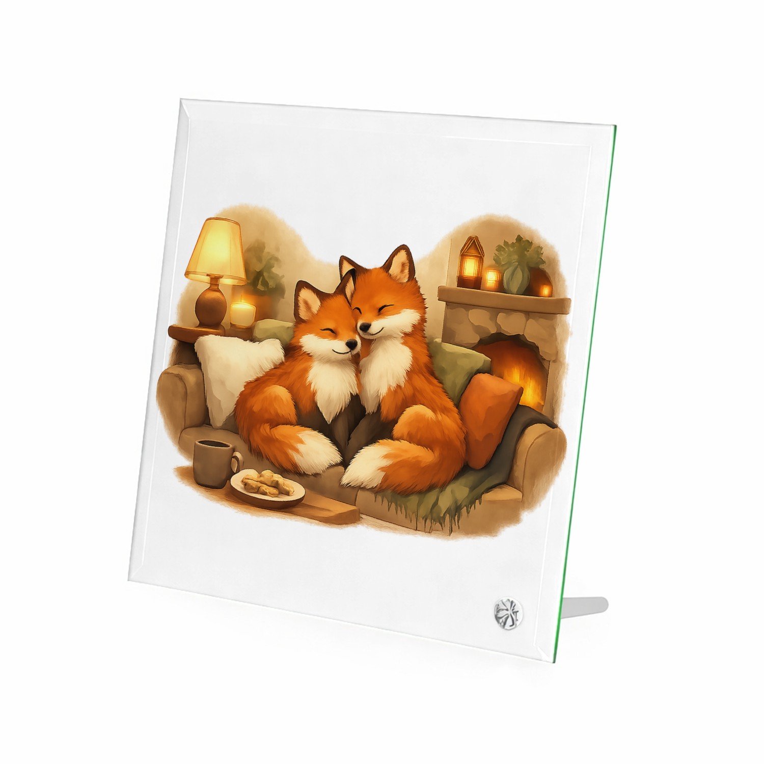 Mr Cadeautjes Glasframe 20 x 20 - design Een gezellige ochtendscène met twee dikke honden op een keuk | cadeau Wit