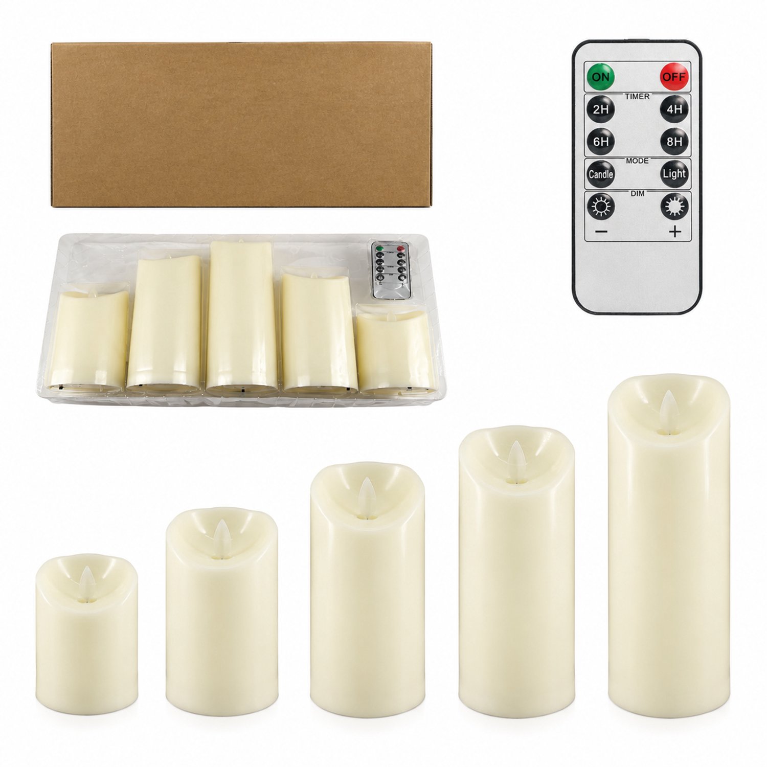SWGOTA led kaarsen, set van 5 met bewegende vlam en afstandsbediening, gladde schuine bovenrand, diameter 7,5 cm, hoogtes 10-20 cm, in doos, zonder batterijen Crème