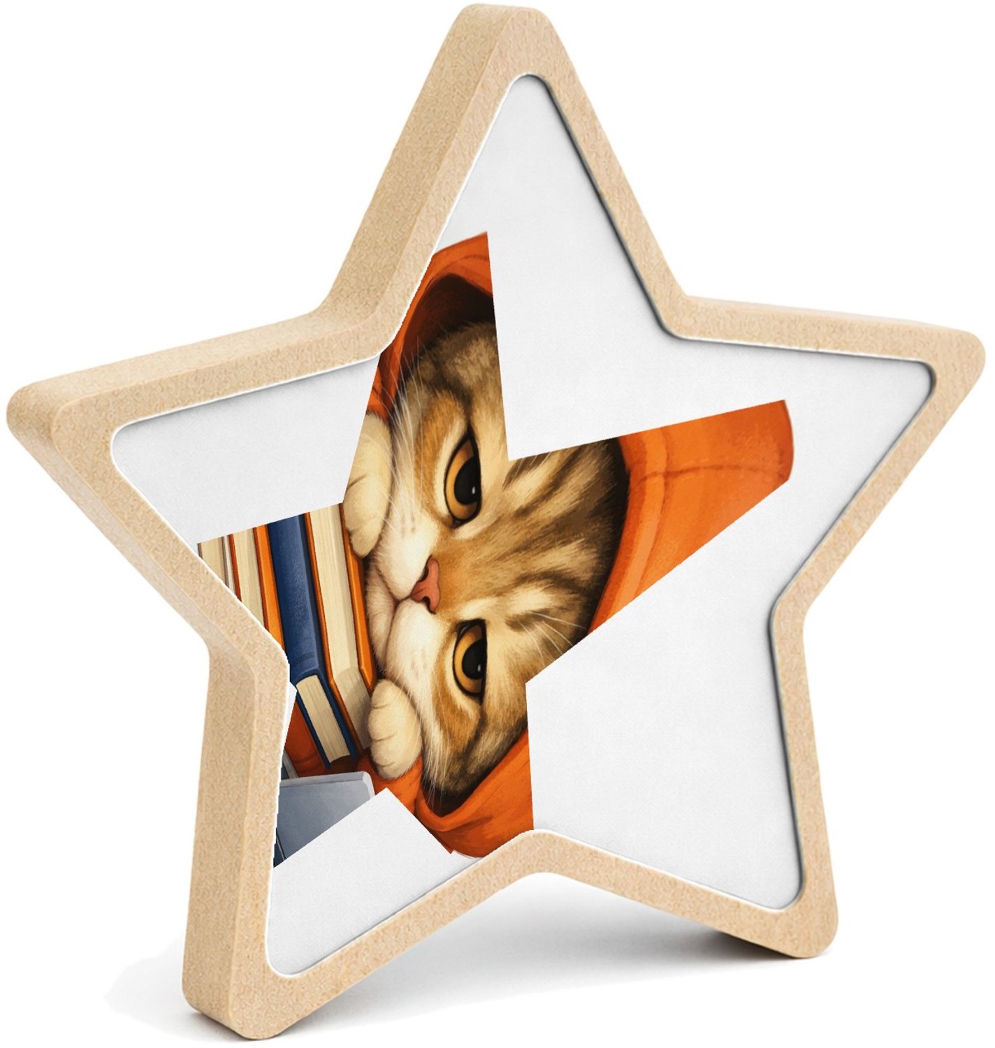 Mr Cadeautjes MDF fotolijst ster 14 x 13,5 - design Een panda die achter een stapel boeken in een hoodie hangt m | cadeau Wit
