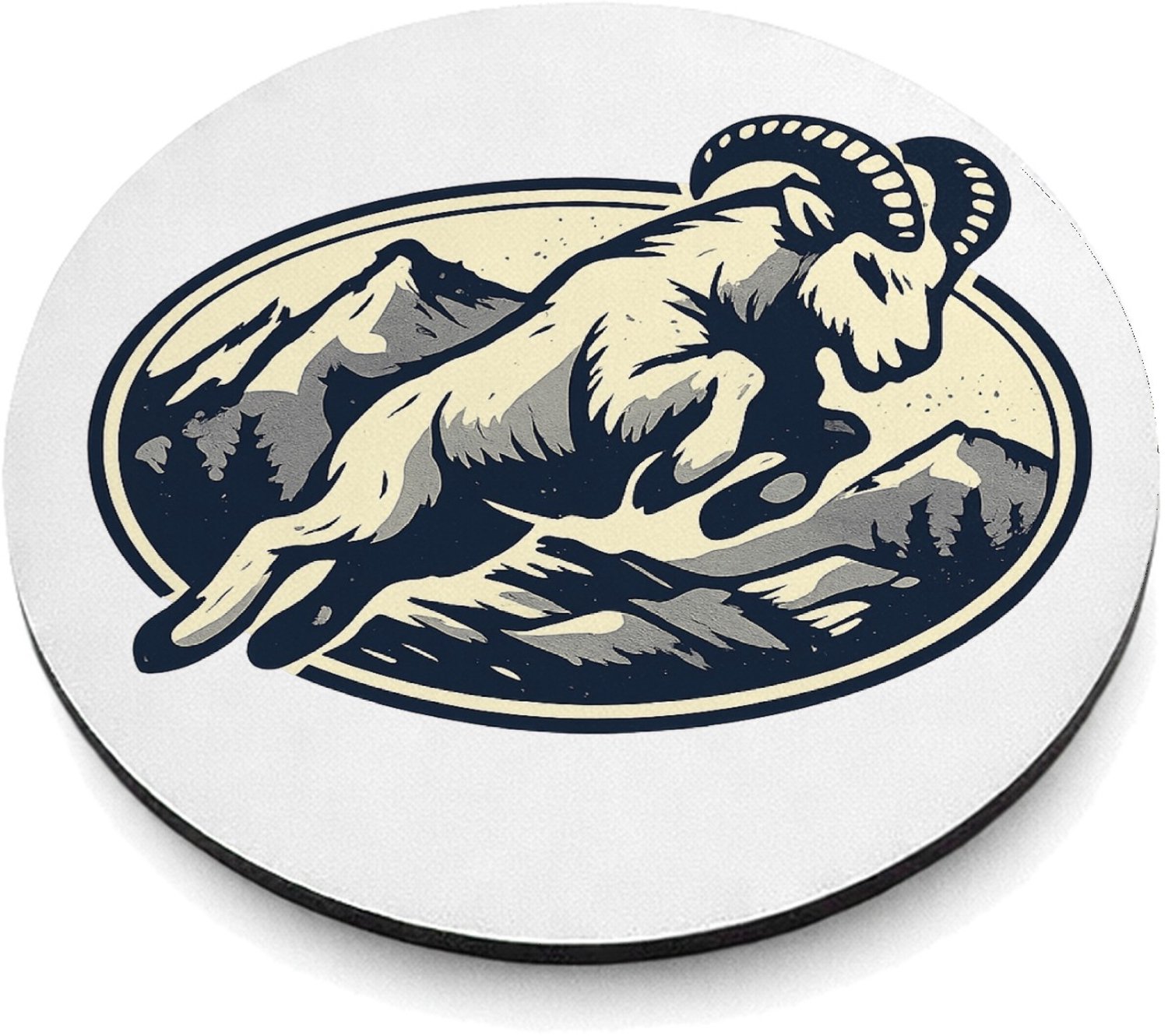 Mr Cadeautjes MDF magnetische fotolijst rond Ø 9,5 - design Een krachtige berggeit die schuin over een ronde badge sprin | cadeau Wit