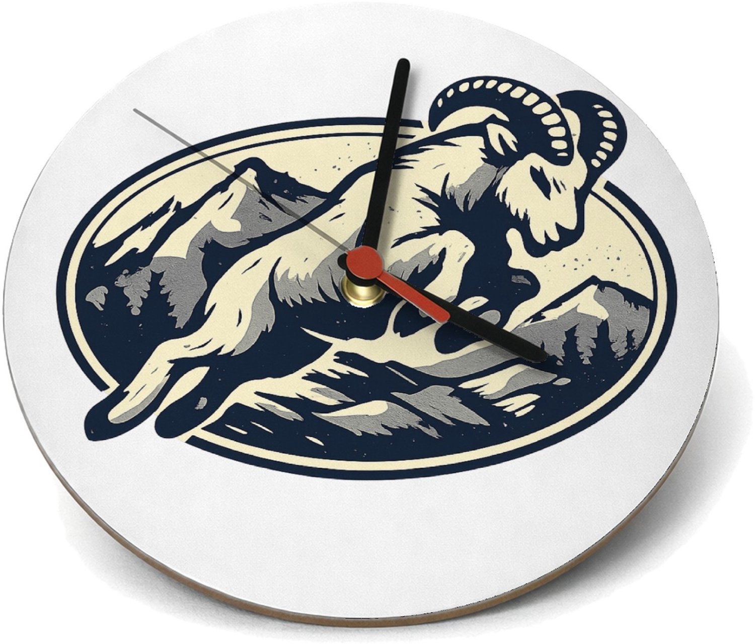 Mr Cadeautjes Klok rond Ø 19 - design Een krachtige berggeit die schuin over een ronde badge sprin | cadeau Wit