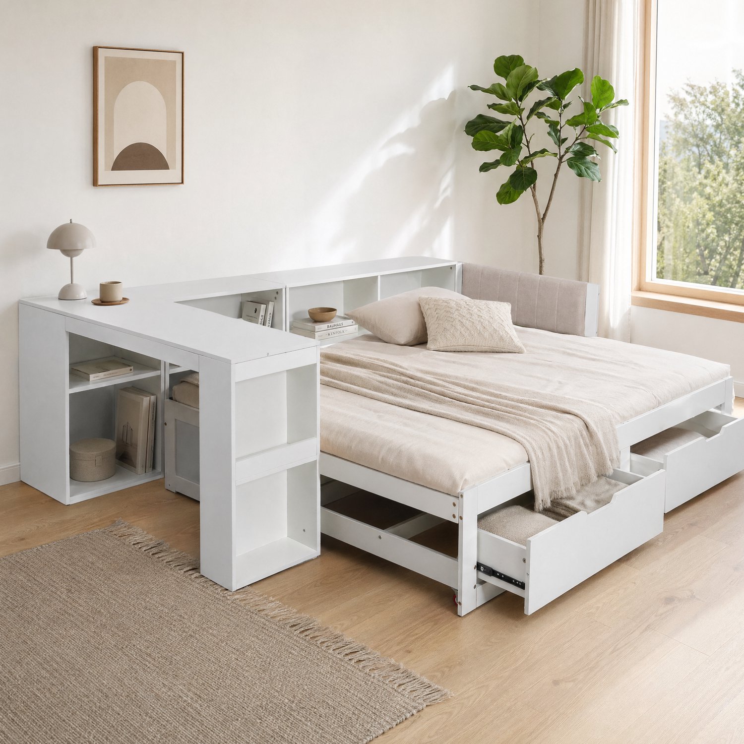 STILVORA Bed 180x200 cm – L-Vorm met Bureau – Lattenbodem en Gestoffeerd Hoofdeinde – Lades en Open Vakken – Hout en MDF – Zonder Matras – Matwit Mat wit