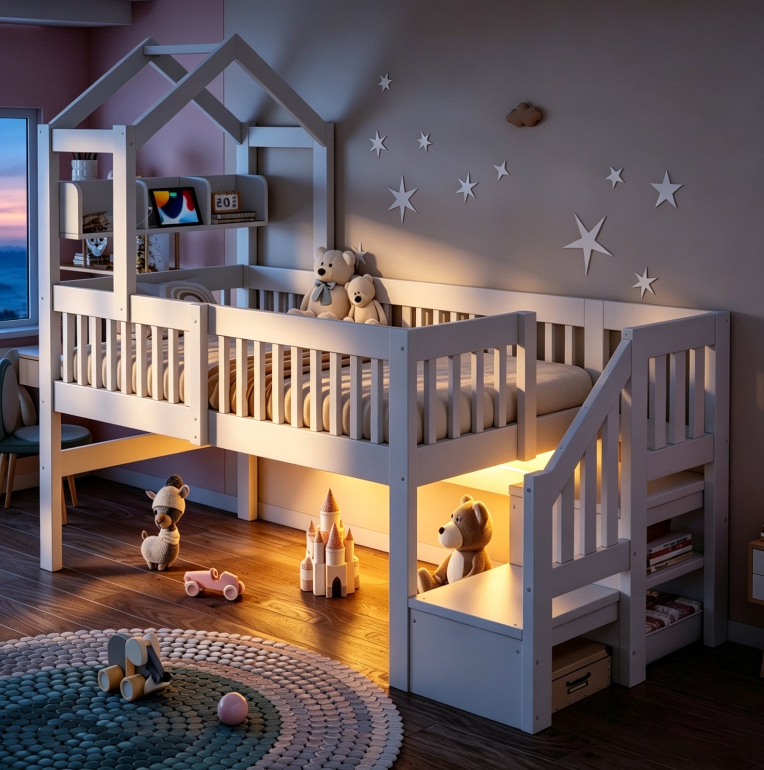 STILVORA Halfhoogslaper 90x200 cm – Dakframe met Hek – Trap met Opbergruimte en Ledverlichting – Kinderkamer – Hout en MDF – Zonder matras – Wit