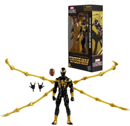 Iron Spider actiefiguur met verwisselbare handen, extra hoofd en vier gouden mechanische spinnenpoten in verpakking.