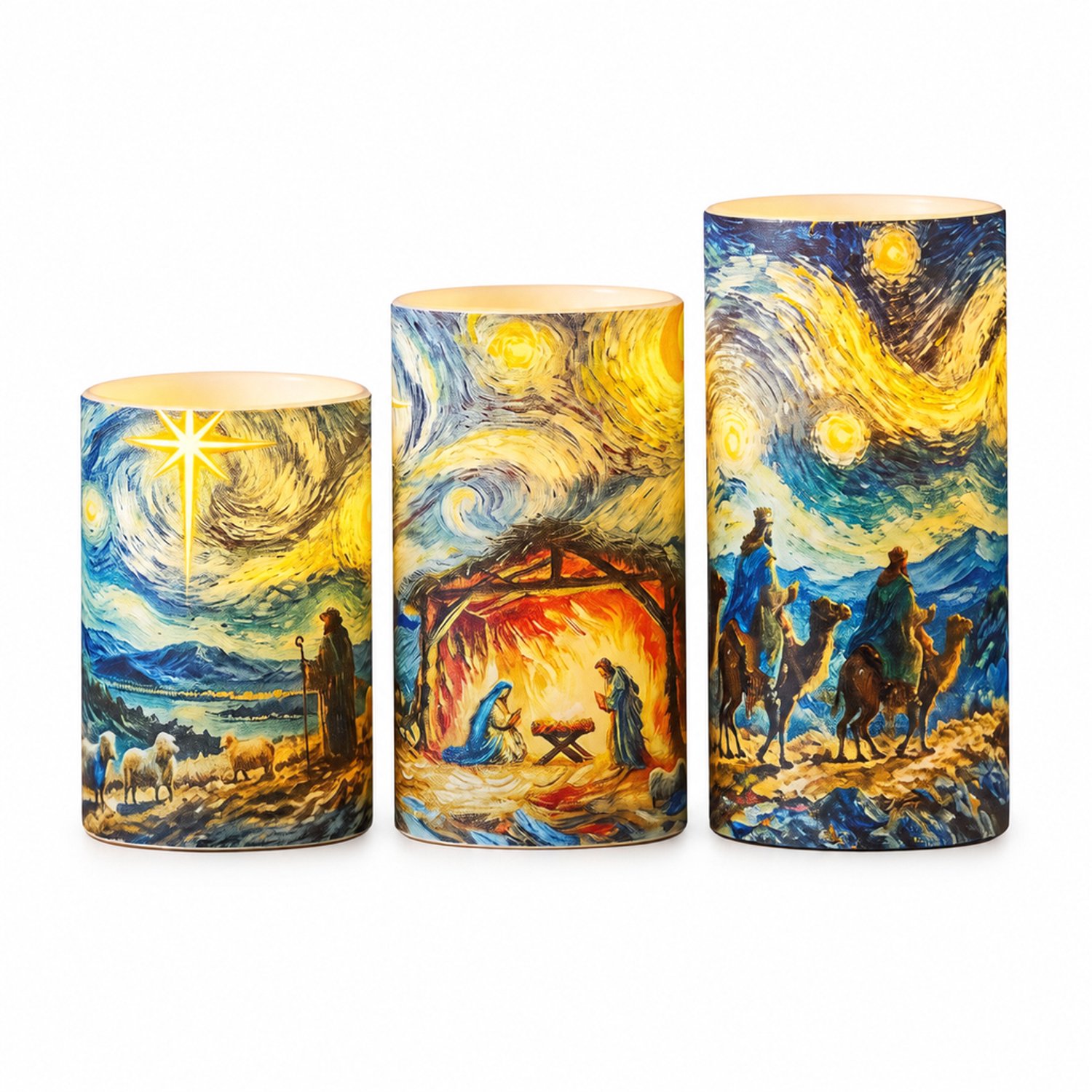 SWGOTA led kaarsen, set van 3 met kerstmotieven, warm licht, cilindervormige kunststof behuizing, op batterijen, zonder batterijen Meerkleurig