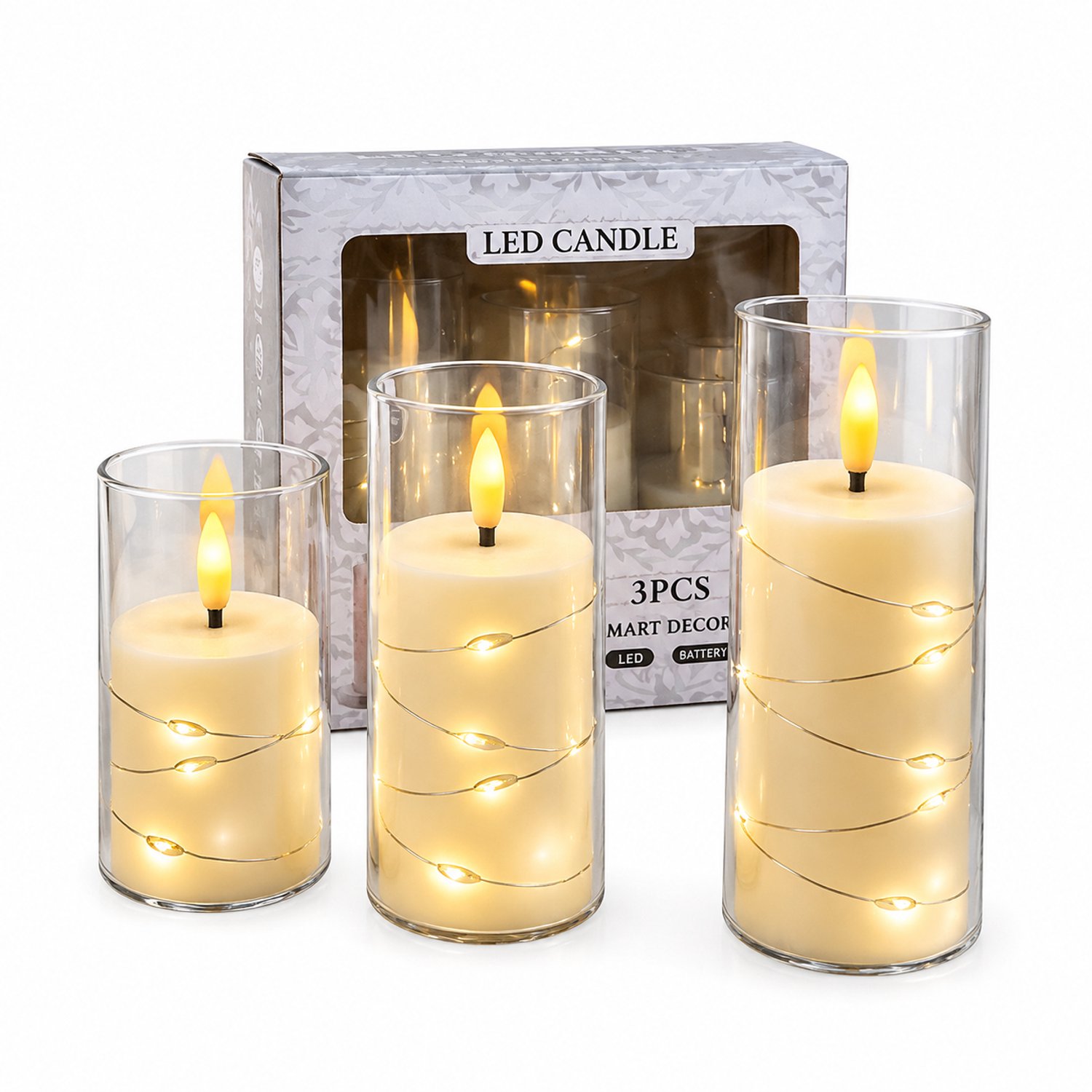 SWGOTA led kaarsen, set van 3 met puntvormige vlam en decoratief lichtsnoer, warm licht, inclusief batterijen, in vensterdoos Bruin
