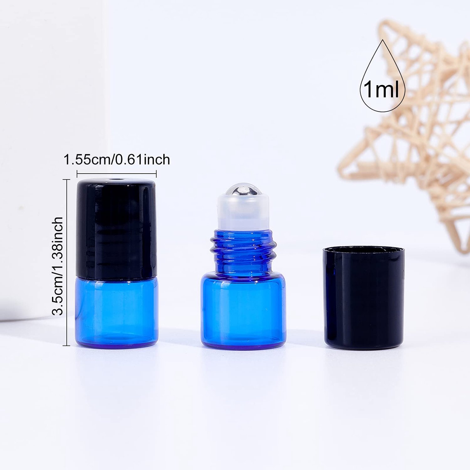 Benecreat Flessen, 30 stuks, blauw, glas, 1 ml, voor etherische oliën, met roestvrijstalen rolballen, 10 x druppelaars, 4 x trechters, 2 x flesopeners