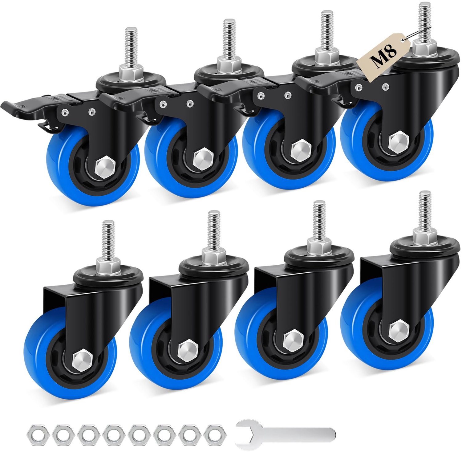 Humagineer Wieltjes voor zware meubels met schroefdraad, M8 x 1,25 x 25 mm, zwenkwiel, belasting 135 kg per wiel, 360° draaibare wielen, grillwagen, t