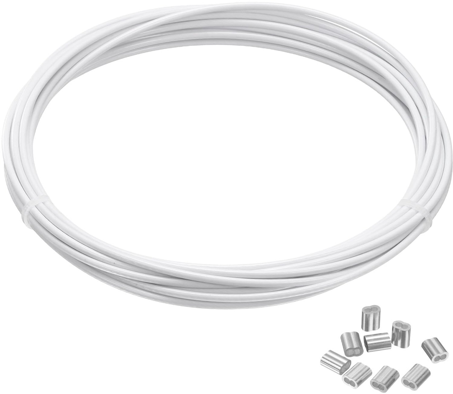 PATIKIL 1/16" staalkabel, 5 m kabel van roestvrij staal 304 met wit vinyl gecoat met 10 stuks krimphulzen voor het ophangen van lichtkettingen voor wa