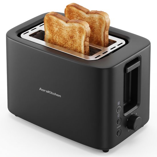 Een zwarte AoraKitchen broodrooster met twee perfect geroosterde sneetjes brood.