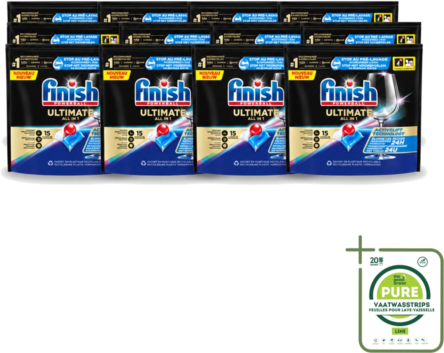 12 x Finish Powerball - Ultimate All in 1 - Vaatwastabletten - Activelift - 15 Capsules - Grootverpakking - Vaatwasstrips - Vaatwastabletten - Activelift - Reiniging - Glans - Vaatwassen