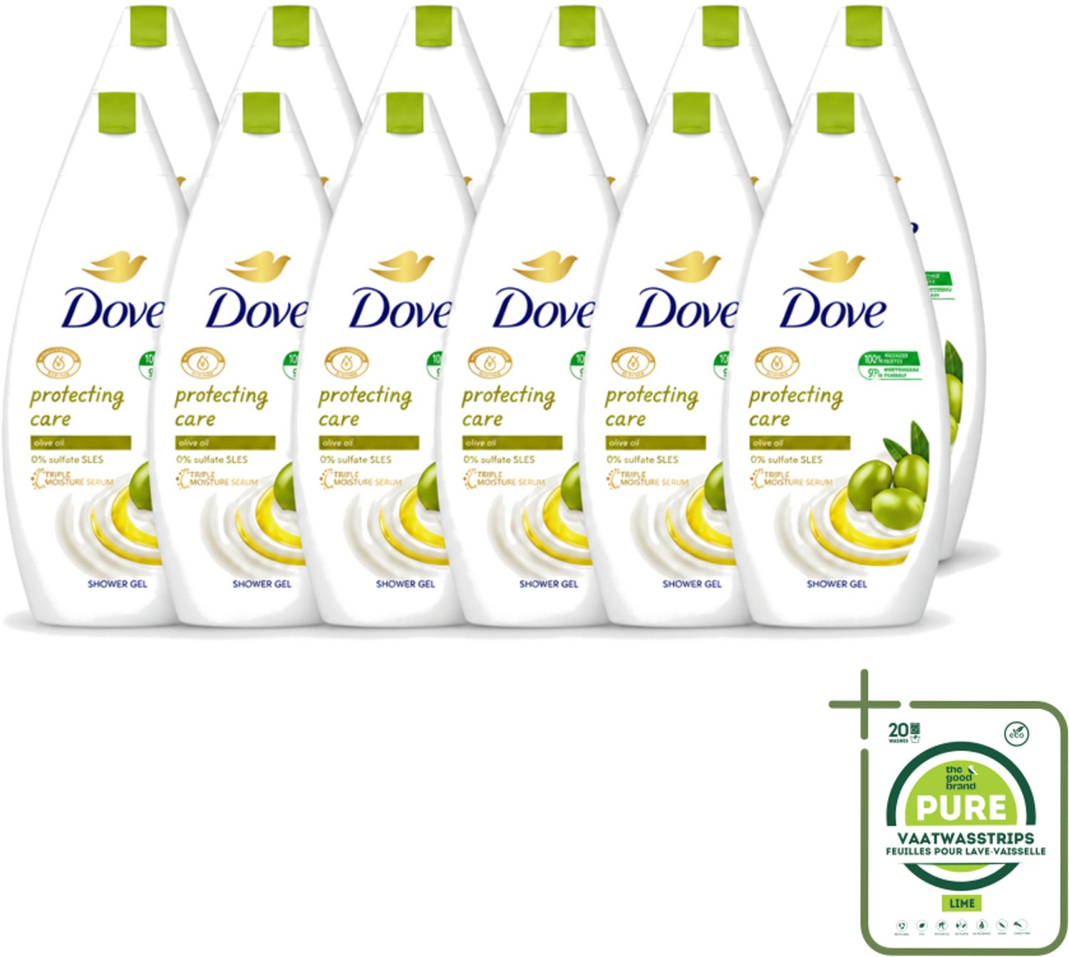 12 x Dove Protecting Care - Douchegel - Olijfolie - Sulfaatvrij - 450 ml - Grootverpakking - Vaatwasstrips - Douchegel - Olijfolie - Huidverzorging - Sulfaatvrije Douchegel - Hydraterende Crème