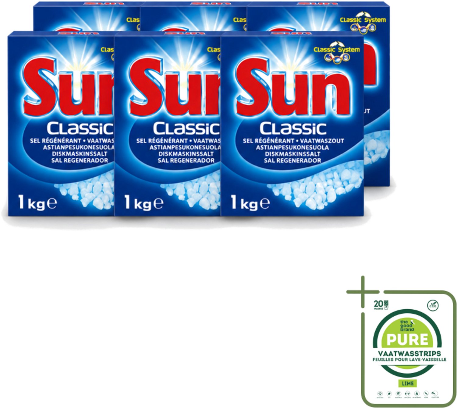 6 x Sun Classic - Vaatwaszout - Klassiek Systeem - 1 kg - Grootverpakking - Vaatwasstrips - Vaatwaszout - Kalkaanslag Voorkomen - Vaatwasser Onderhoud - Waterhardheid - Klassiek Systeem