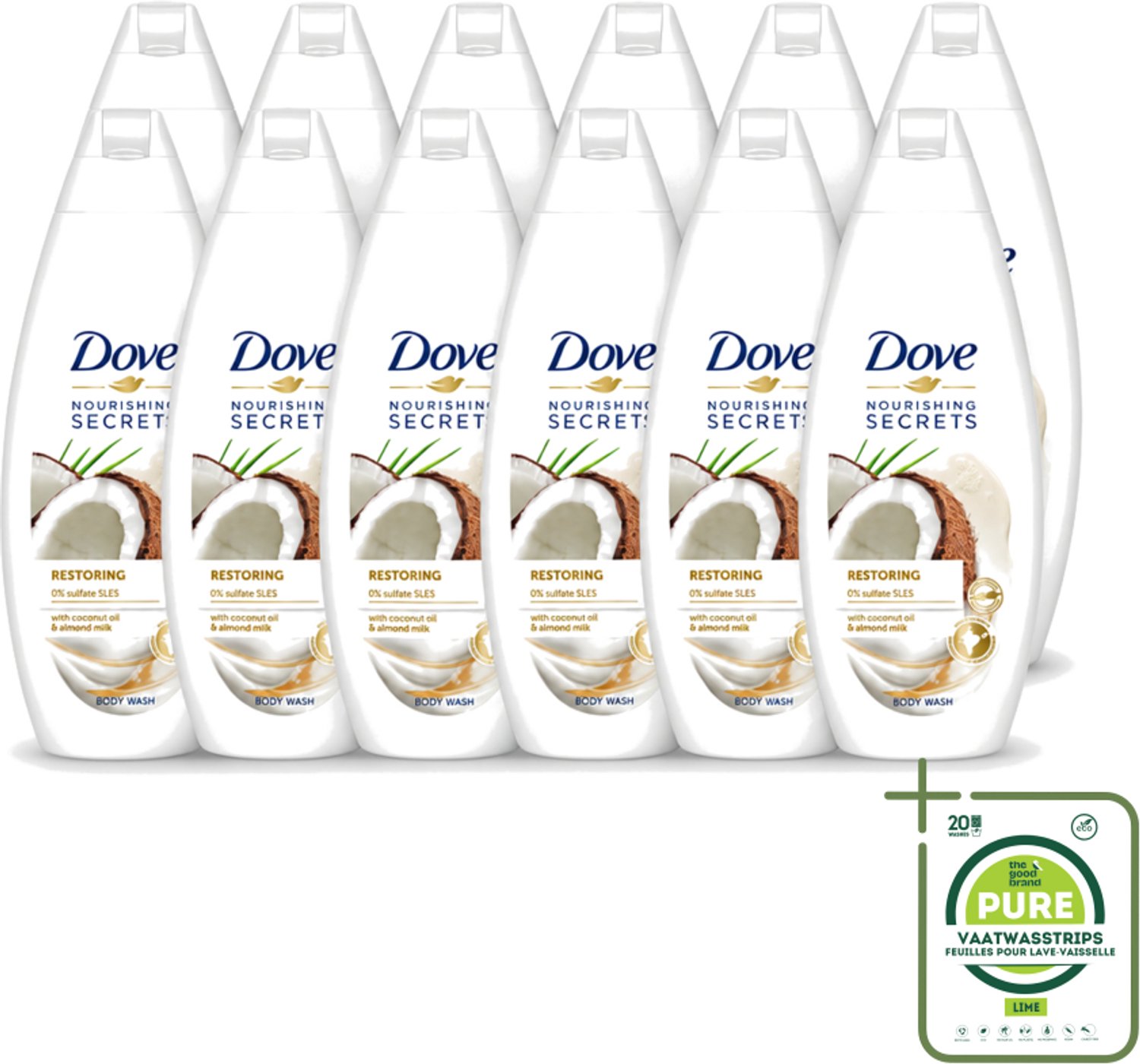 12 x Dove Nourishing Secrets - Douchegel - Kokosolie & Amandel melk - Sulfaatvrij - 250 ml - Grootverpakking - Vaatwasstrips - Douchegel - Kokosolie - Amandelmelk - Natuurlijke Verzorging - Sulfaatvrije Douchegel