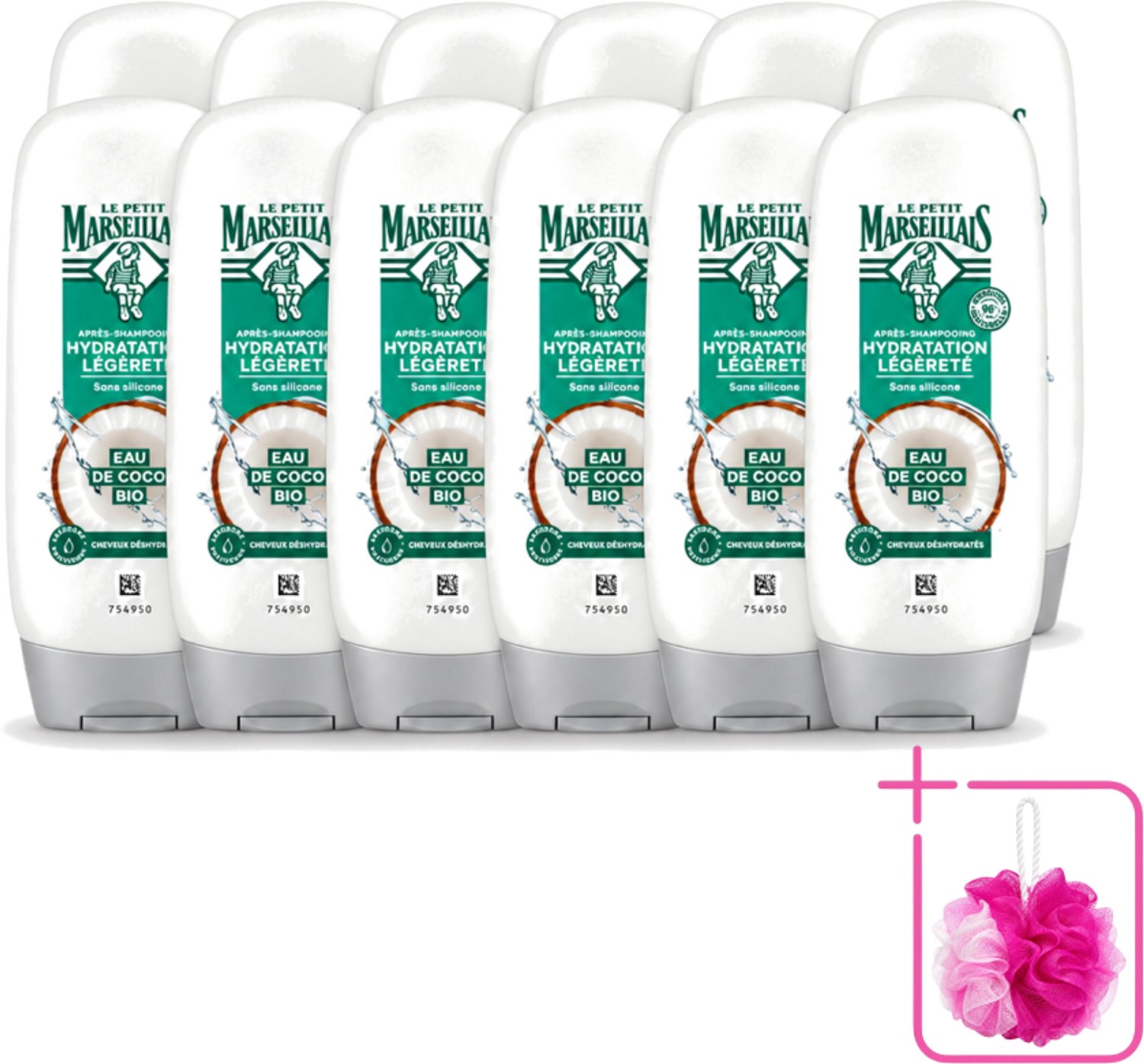 12 x Le Petit Marseillais – Conditioner – Eau de Coco Bio – 250 ml - Bulkverpakking - Conditioner kokoswater - Douchemop - Hydraatatie haar