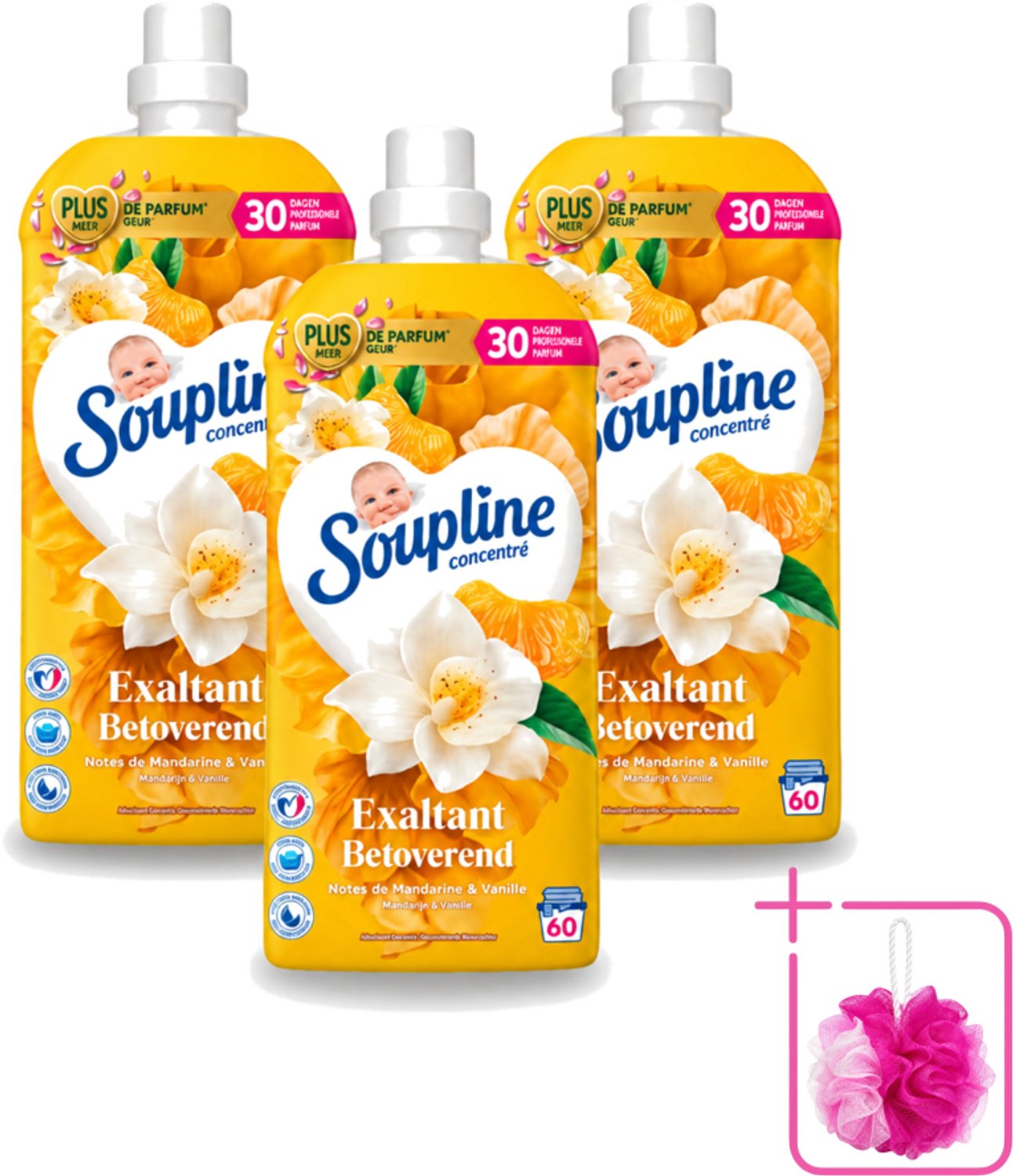 3 x Soupline – Wasverzachter – Betoverend Mandarijn & Vanille – 1,28 L - Bulkverpakking - Wasverzachter - Douchemop - Wasverzachter mandarijn en vanille