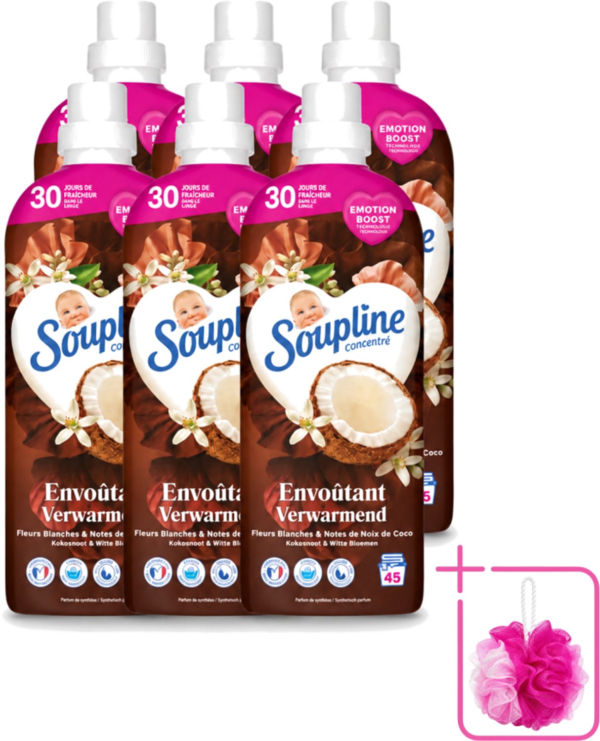 6 x Soupline – Wasverzachter – Verwarmende Kokosnoot & Witte Bloemen – 950 ml - Bulkverpakking - Wasverzachter - Douchemop - Kokosnoot
