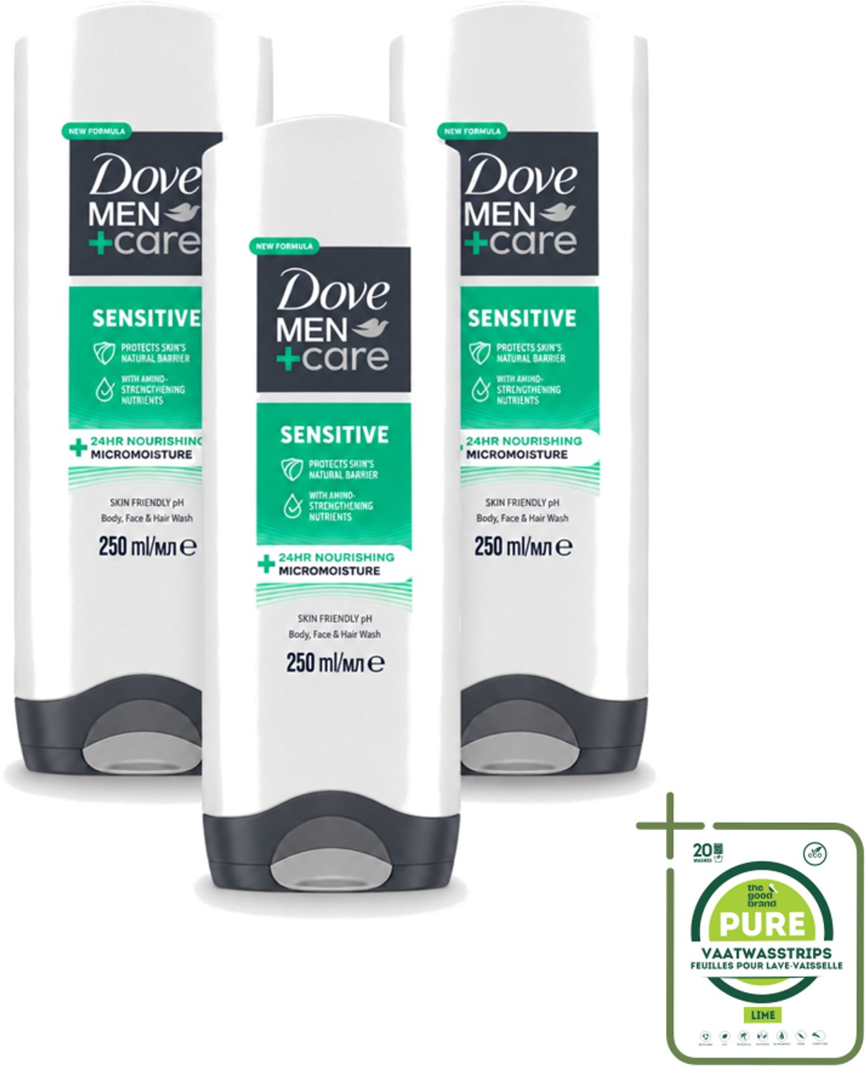 3 x Dove Men+Care - Sensitive - Douchegel 3-in-1 - Verzorgend - 250 ml - Grootverpakking - Vaatwasstrips - Gevoelige Huid - Lichaamsgel - Gezichtsgel - Haarverzorging - Milde Reiniging