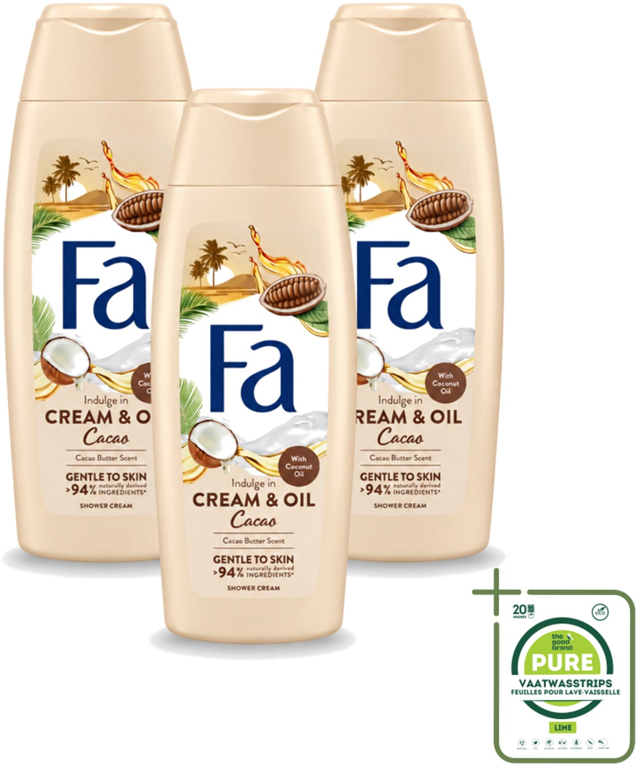 3 x Fa - Cream & Oil Cacao - Douchecrème - Cacaoboter Met Kokosolie - 250 ml - Grootverpakking - Vaatwasstrips - Douchecrème - Cacaoboter - Kokosolie - Huid Verzorging - Hydratatie