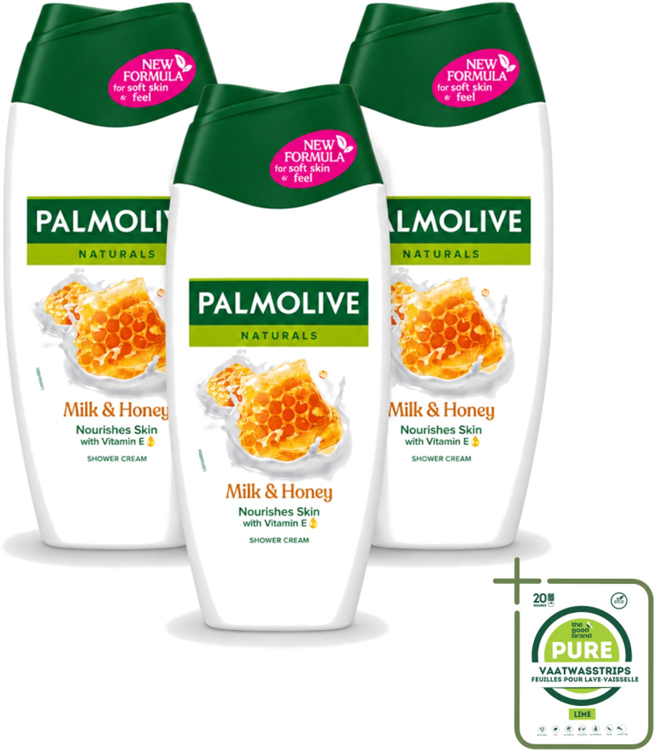 3 x Palmolive – Douchecrème – Milk & Honey - 250 ml - Grootverpakking - Vaatwasstrips - Douchecrème - Voedende Douchecrème - Melk En Honing - Huid Verzorging - Hydraatende Douchecrème