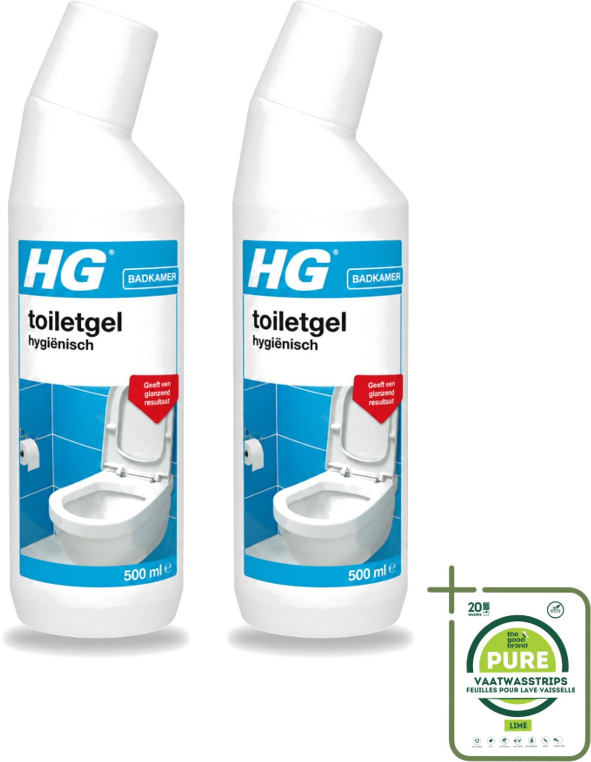 2 x HG - Badkamer - Toiletgel Hygiënisch - Geeft Een Glanzend Resultaat - 500 ml - Grootverpakking - Vaatwasstrips - Toiletgel - Hygiëne - Reinigen - Kalkaanslag - Vuil