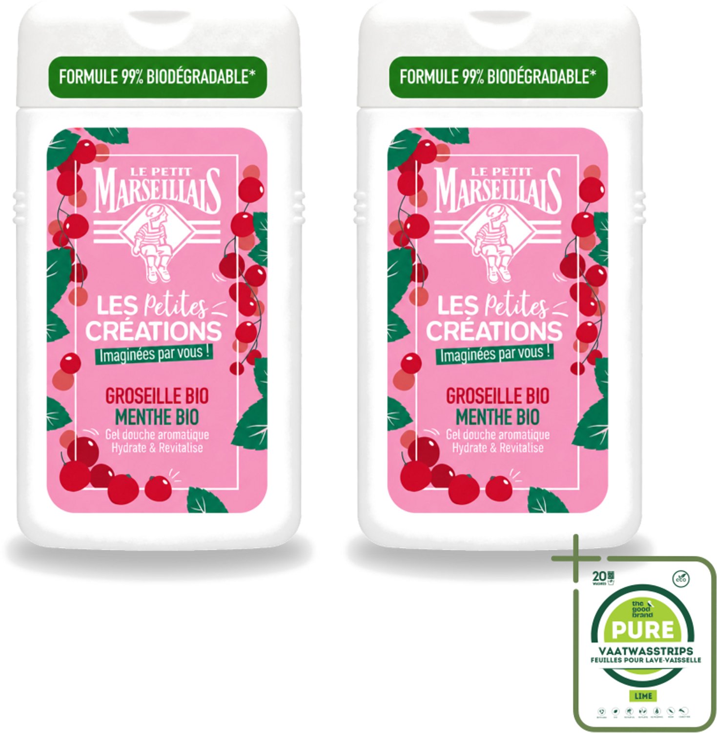 2 x Le Petit Marseillais - Douchegel - Rode bessen & Munt - Hydraterend - 250ml - Grootverpakking - Vaatwasstrips - Douchegel - Hydraterende Douchegel - Rode Bessen - Munt - Biologische Douchegel