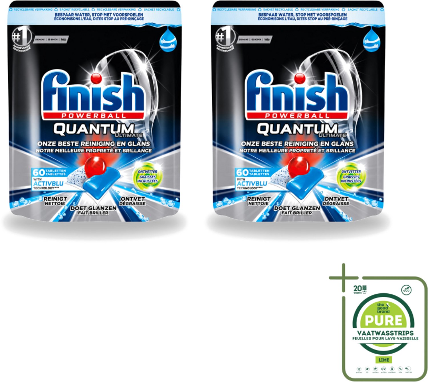 2 x Finish Powerball - Quantum Ultimate - Vaatwastabletten - Ontvetter - 60 Tabletten - Grootverpakking - Vaatwasstrips - Vaatwasmiddel - Vaatwastablet - Ontvetter - Vaat Reinigen - Vaatwasser