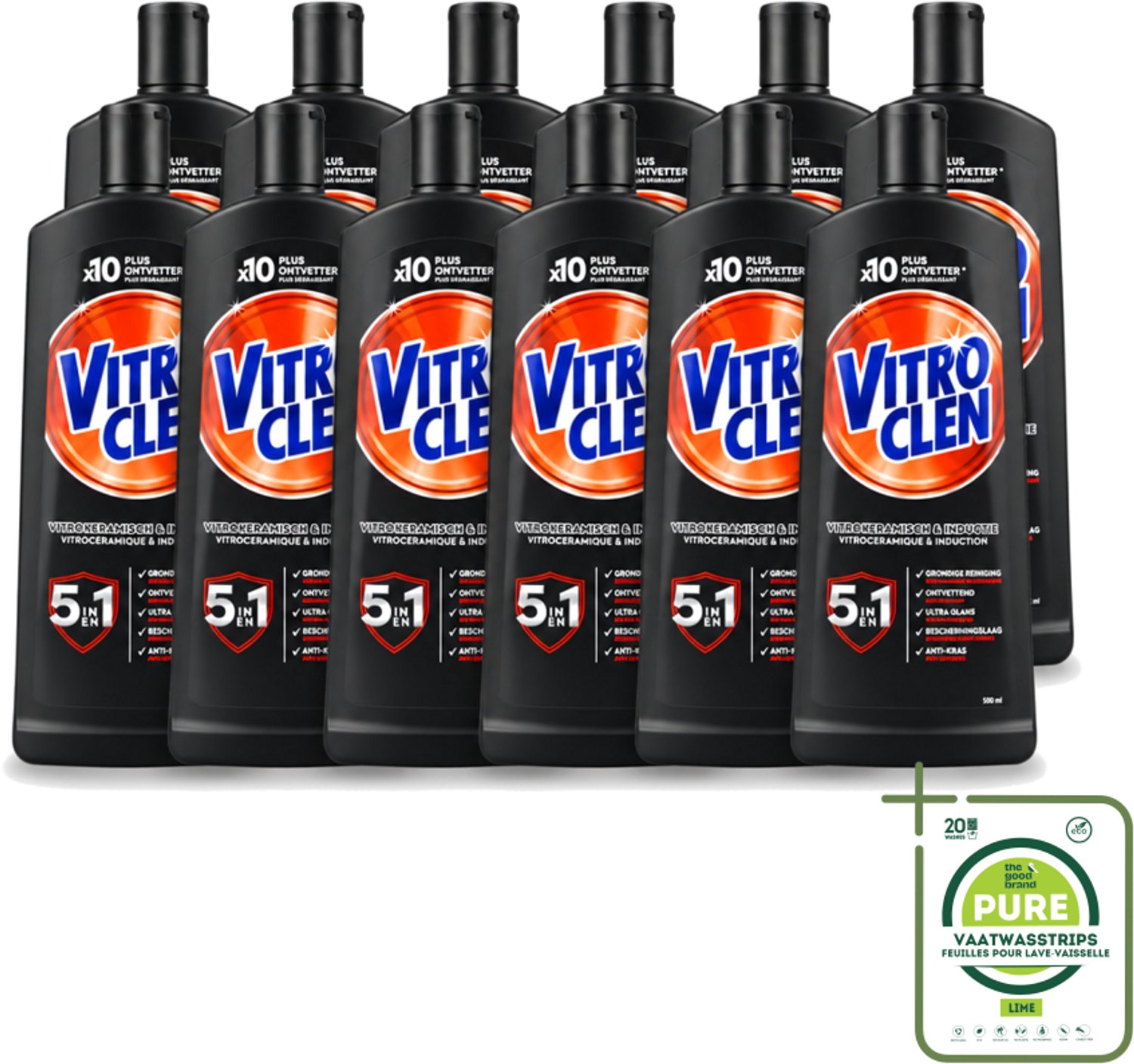 12 x Vitroclen - Kookplaatreiniger - Keramisch & Inductie - 5 in 1 - 500 ml - Grootverpakking - Vaatwasstrips - Keramische Kookplaat Reinigen - Inductiekookplaat Reinigen - Kookplaat Reiniger - Kookplaat Beschermen - Vlekken Verwijderen