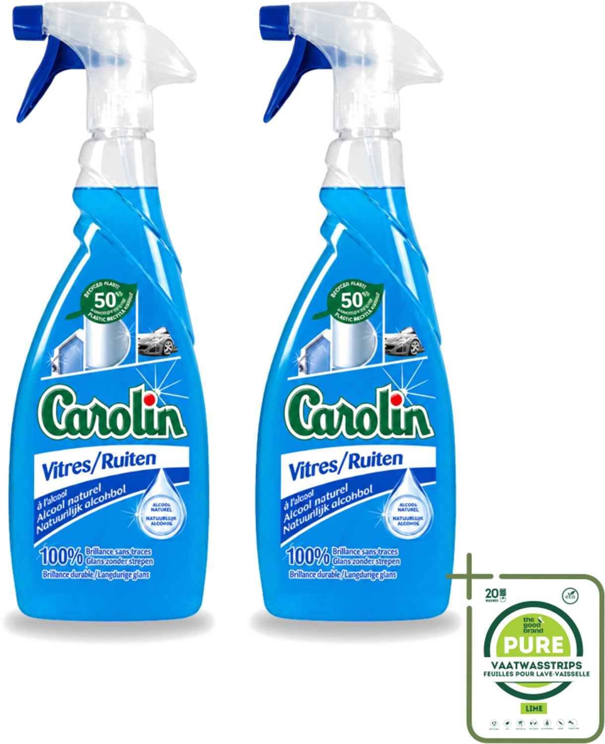 2 x Carolin - Glas- en Ruitenreiniger - Met Natuurlijke Alcohol - 650 ml - Grootverpakking - Glas Reiniger - Ruiten Reiniger - Natuurlijke Alcohol - Schone Ramen - Streeploze Glans