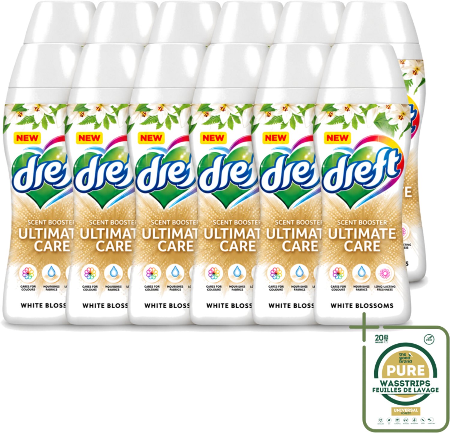 12 x Dreft - Ultimate Care - Wasverzachter - Geurbooster - Gekleurde Was - Witte Bloem - 15 Wasbeurten - Wasstrips - Wasmiddel - Geurbooster - Kleurbescherming - Wasverzachter - Vezelverzorging