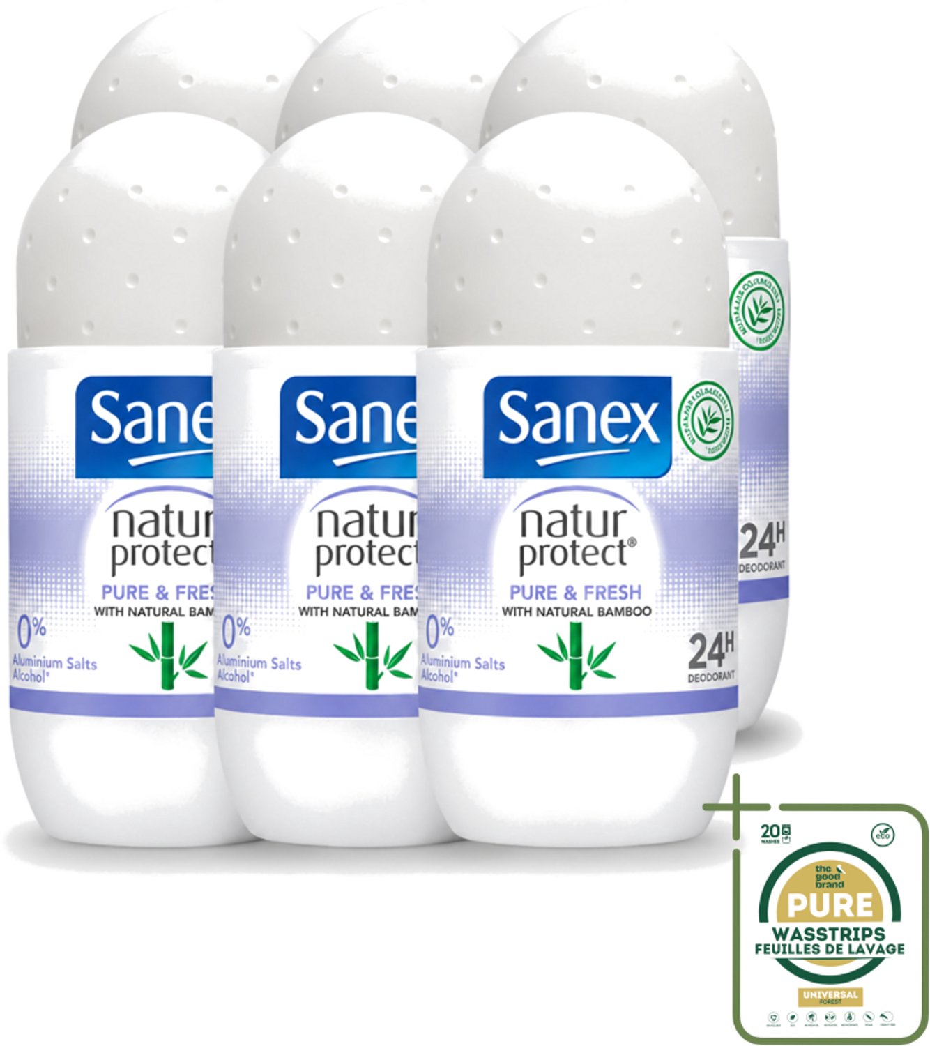 6 x Sanex Natur Protect - Deodorant Roller - Puur & Fris - Met Nattuurlijke Bamboo - 50 ml - Wasstrips - Natuurlijke Deodorant - Bamboe Deodorant - Fris Gevoel - Vochtabsorberend - Aluminiumvrij