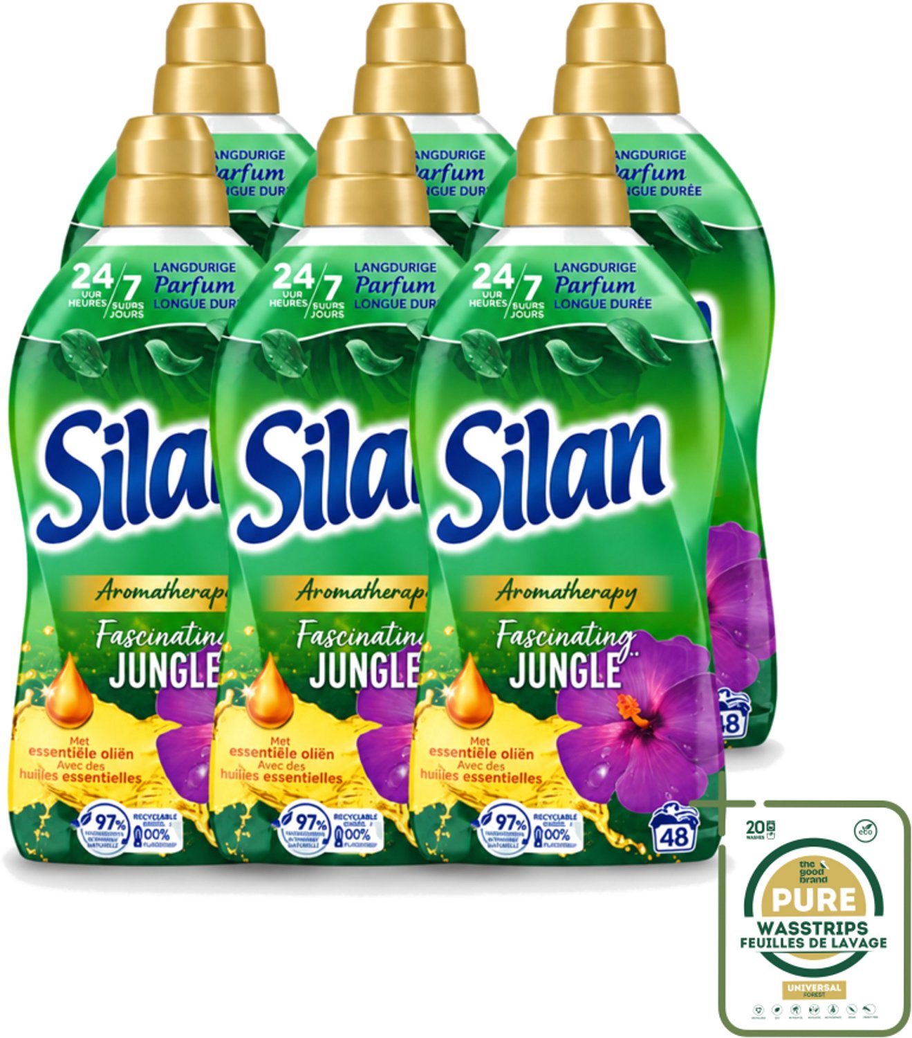 6 x Silan Aromatherapy - Wasverzachter - Fascinating Jungle - Essentiële Oliën en Langdurige Parfum - 48 Wasbeurten - 1.056L - Wasstrips - Wasverzachter - Geur - Wasbeurt - Essentiële Oliën - Kleding Zachter Maken